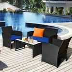 4 Pcs Wicker Patio Conversation Set Outdoor Rattan Sofa Table Set with Cushions