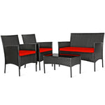 4 Pcs Wicker Patio Conversation Set Rattan Furniture Set with Loveseat & Tempered Glass Coffee Table