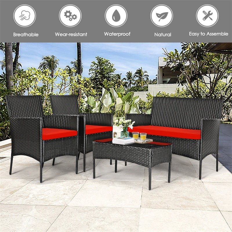 4 Pcs Wicker Patio Conversation Set Rattan Furniture Set with Loveseat & Tempered Glass Coffee Table