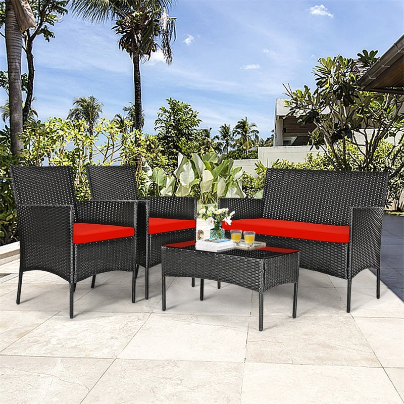 4 Pcs Wicker Patio Conversation Set Rattan Furniture Set with Loveseat & Tempered Glass Coffee Table