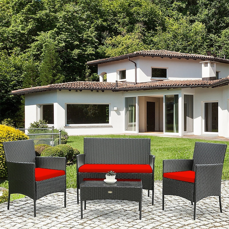 4 Pcs Wicker Patio Conversation Set Rattan Furniture Set with Loveseat & Tempered Glass Coffee Table