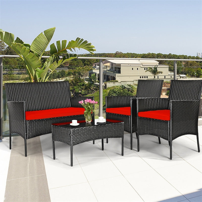 4 Pcs Wicker Patio Conversation Set Rattan Furniture Set with Loveseat & Tempered Glass Coffee Table