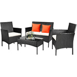 4 Pcs Wicker Patio Conversation Set Rattan Furniture Set with Loveseat & Tempered Glass Coffee Table