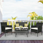 4 Pcs Wicker Patio Conversation Set Rattan Furniture Set with Loveseat & Tempered Glass Coffee Table