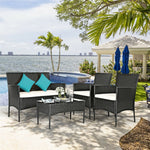 4 Pcs Wicker Patio Conversation Set Rattan Furniture Set with Loveseat & Tempered Glass Coffee Table