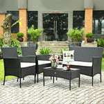 4 Pcs Wicker Patio Conversation Set Rattan Furniture Set with Loveseat & Tempered Glass Coffee Table