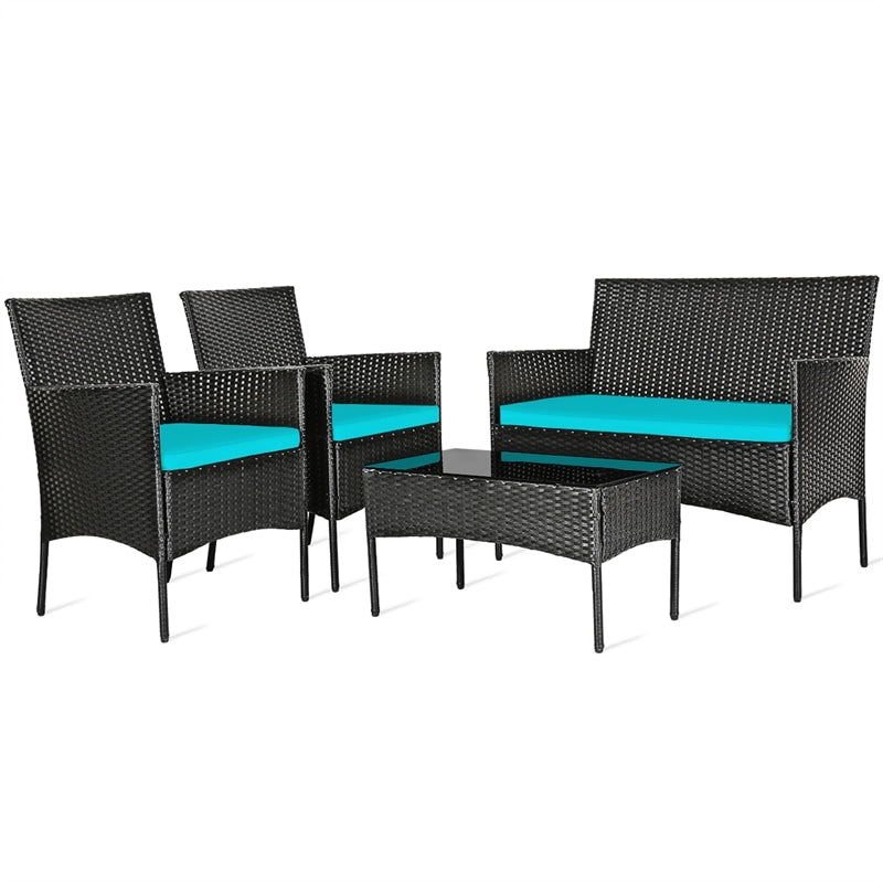 4 Pcs Wicker Patio Conversation Set Rattan Furniture Set with Loveseat & Tempered Glass Coffee Table