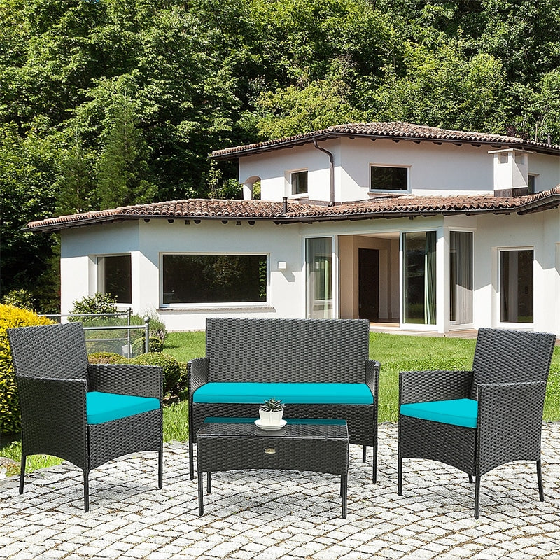 4 Pcs Wicker Patio Conversation Set Rattan Furniture Set with Loveseat & Tempered Glass Coffee Table