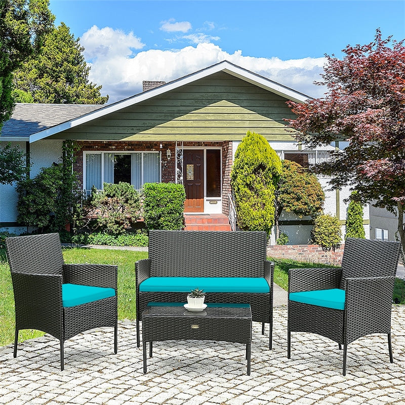 4 Pcs Wicker Patio Conversation Set Rattan Furniture Set with Loveseat & Tempered Glass Coffee Table