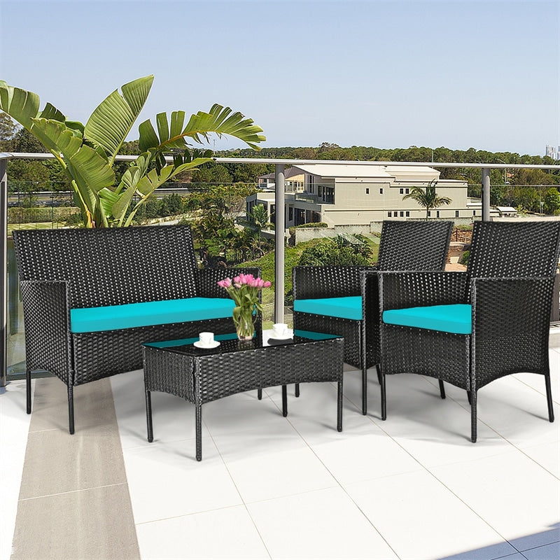 4 Pcs Wicker Patio Conversation Set Rattan Furniture Set with Loveseat & Tempered Glass Coffee Table