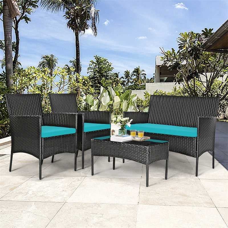 4 Pcs Wicker Patio Conversation Set Rattan Furniture Set with Loveseat & Tempered Glass Coffee Table