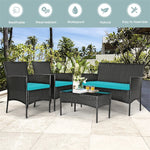 4 Pcs Wicker Patio Conversation Set Rattan Furniture Set with Loveseat & Tempered Glass Coffee Table