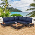 4 Piece Patio Rattan Furniture Set Acacia Wood Outdoor Sectional Sofa Loveseat Conversation Set with Wooden Side Table, Back & Seat Cushions