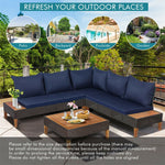 4 Piece Patio Rattan Furniture Set Acacia Wood Outdoor Sectional Sofa Loveseat Conversation Set with Wooden Side Table, Back & Seat Cushions