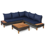 4 Piece Patio Rattan Furniture Set Acacia Wood Outdoor Sectional Sofa Loveseat Conversation Set with Wooden Side Table, Back & Seat Cushions