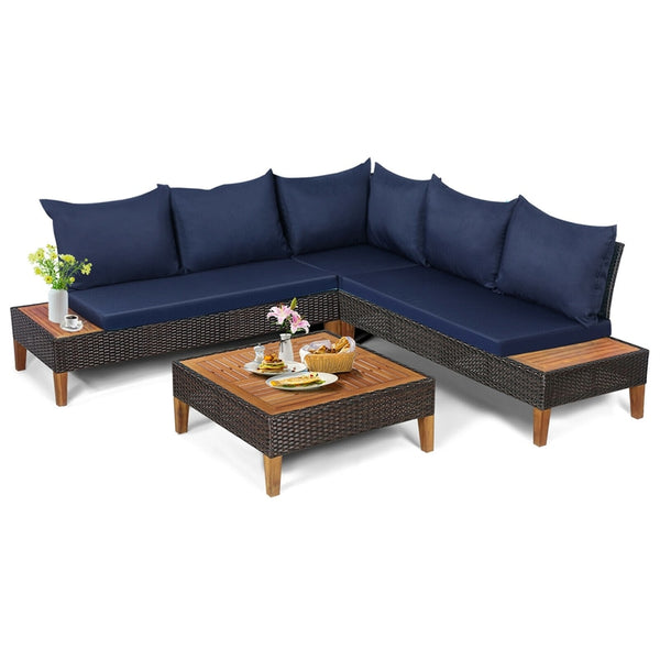 4 Piece Patio Rattan Furniture Set Acacia Wood Outdoor Sectional Sofa Loveseat Conversation Set with Wooden Side Table, Back & Seat Cushions