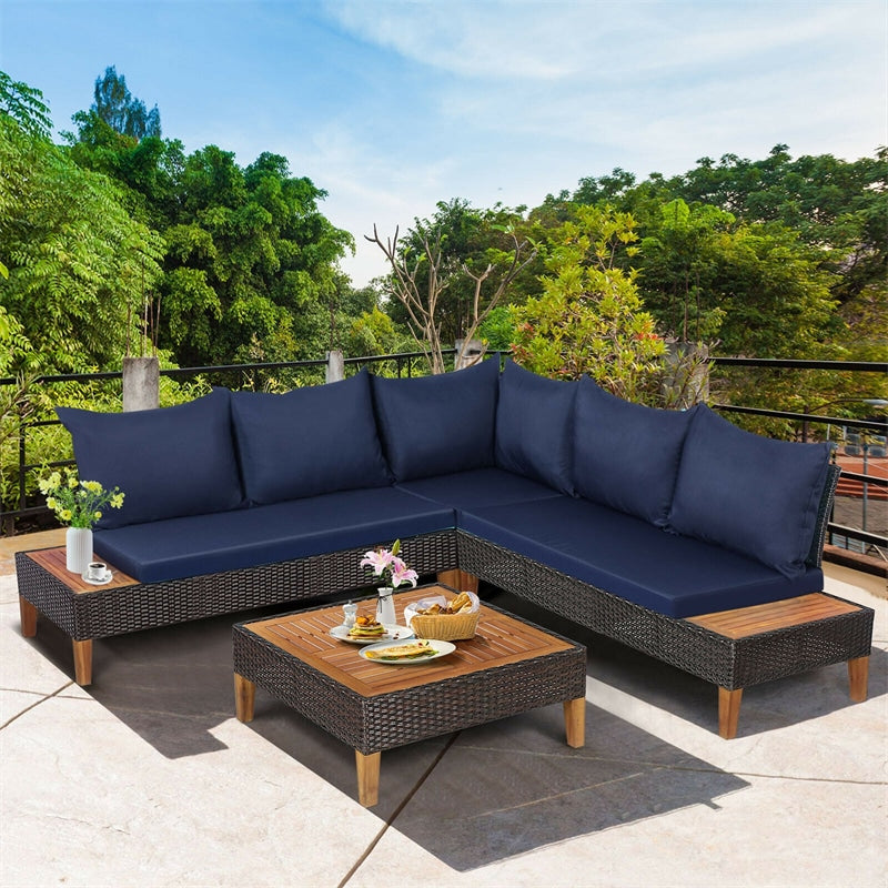 4 Piece Patio Rattan Furniture Set Acacia Wood Outdoor Sectional Sofa Loveseat Conversation Set with Wooden Side Table, Back & Seat Cushions