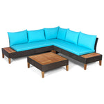 4 Piece Patio Rattan Furniture Set Acacia Wood Outdoor Sectional Sofa Loveseat Conversation Set with Wooden Side Table, Back & Seat Cushions