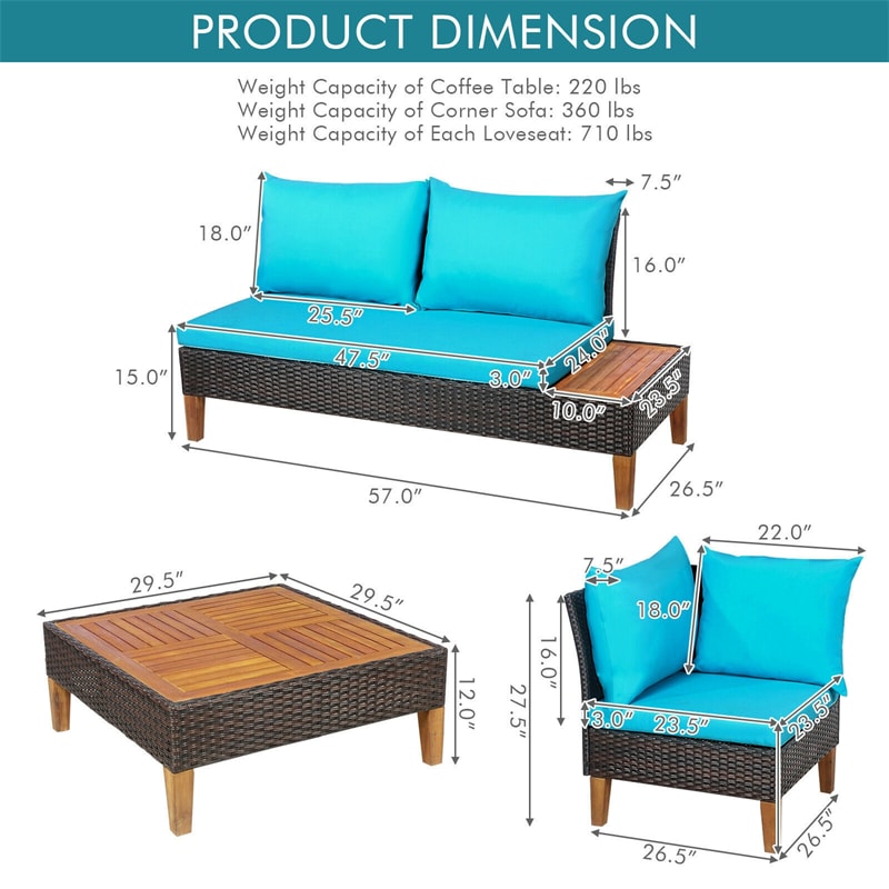 4 Piece Patio Rattan Furniture Set Acacia Wood Outdoor Sectional Sofa Loveseat Conversation Set with Wooden Side Table, Back & Seat Cushions