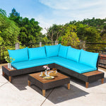 4 Piece Patio Rattan Furniture Set Acacia Wood Outdoor Sectional Sofa Loveseat Conversation Set with Wooden Side Table, Back & Seat Cushions