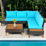 4 Piece Patio Rattan Furniture Set Acacia Wood Outdoor Sectional Sofa Loveseat Conversation Set with Wooden Side Table, Back & Seat Cushions