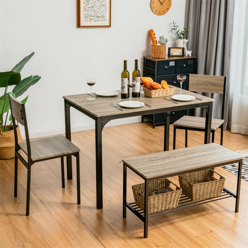 4 Piece Modern Dining Table Set Kitchen Table with 2 Chairs & Storage Rack Bench