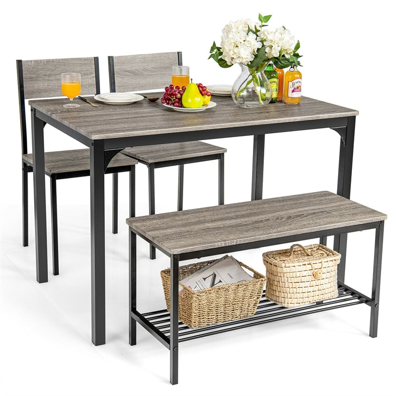 4 Piece Modern Dining Table Set Kitchen Table with 2 Chairs & Storage Rack Bench