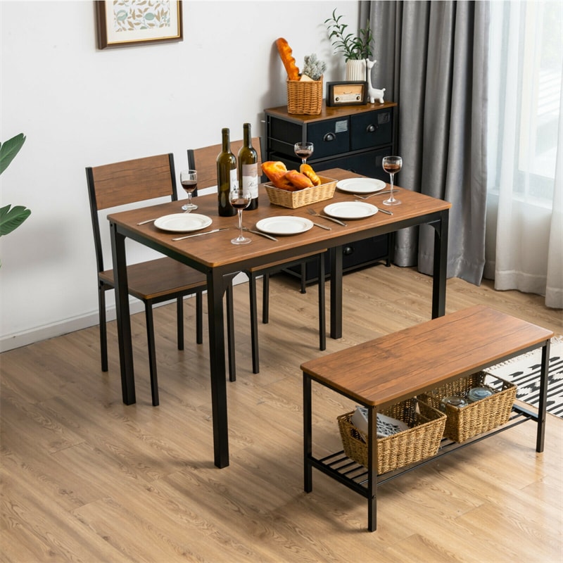 4 Piece Modern Dining Table Set Kitchen Table with 2 Chairs & Storage Rack Bench