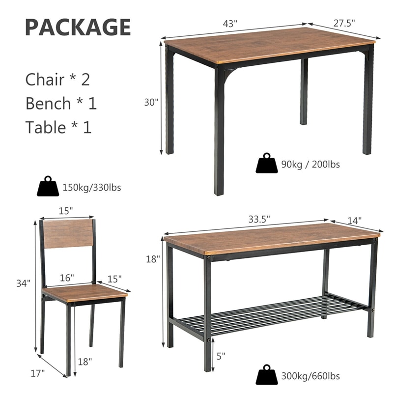 4 Piece Modern Dining Table Set Kitchen Table with 2 Chairs & Storage Rack Bench