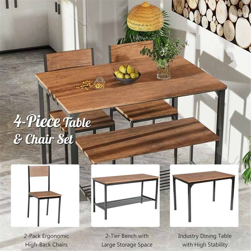 4 Piece Modern Dining Table Set Kitchen Table with 2 Chairs & Storage Rack Bench