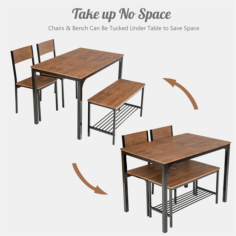 4 Piece Modern Dining Table Set Kitchen Table with 2 Chairs & Storage Rack Bench