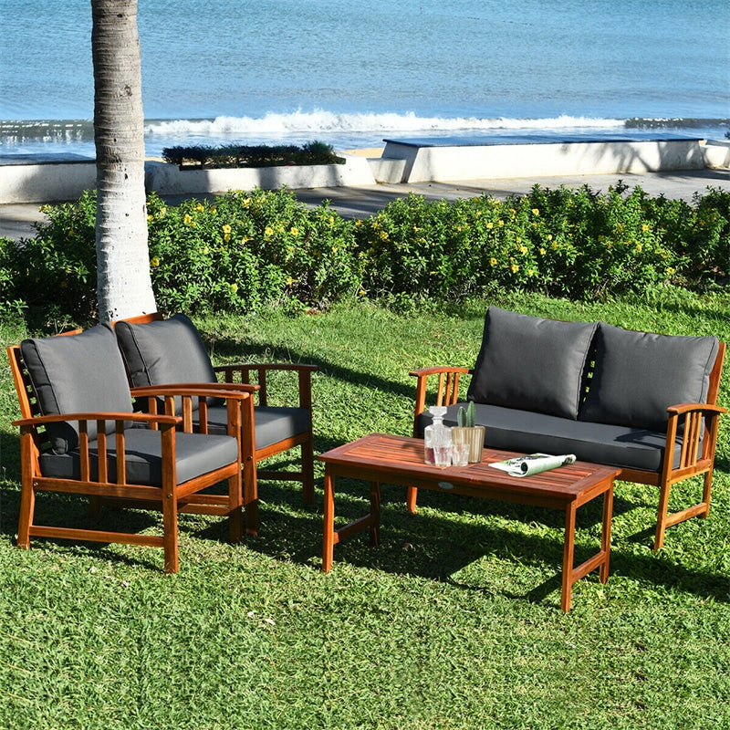 4 Piece Acacia Wood Patio Conversation Set Outdoor Loveseat Chairs with Coffee Table & Seat Back Cushions