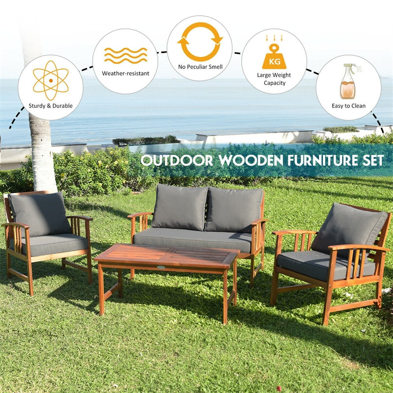 4 Piece Acacia Wood Patio Conversation Set Outdoor Loveseat Chairs with Coffee Table & Seat Back Cushions