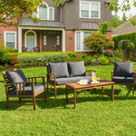 4 Piece Acacia Wood Patio Conversation Set Outdoor Loveseat Chairs with Coffee Table & Seat Back Cushions