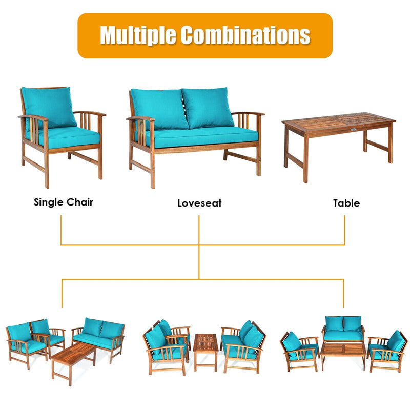 4 Piece Acacia Wood Patio Conversation Set Outdoor Loveseat Chairs with Coffee Table & Seat Back Cushions