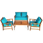 4 Piece Acacia Wood Patio Conversation Set Outdoor Loveseat Chairs with Coffee Table & Seat Back Cushions