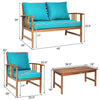 4 Piece Acacia Wood Patio Conversation Set Outdoor Loveseat Chairs with Coffee Table & Seat Back Cushions