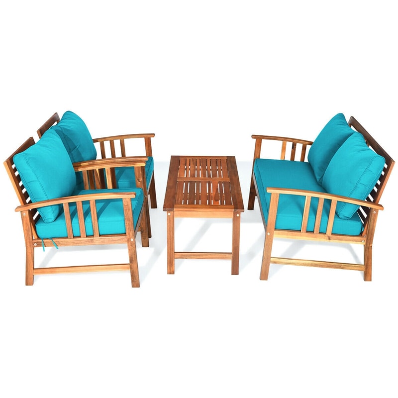 4 Piece Acacia Wood Patio Conversation Set Outdoor Loveseat Chairs with Coffee Table & Seat Back Cushions