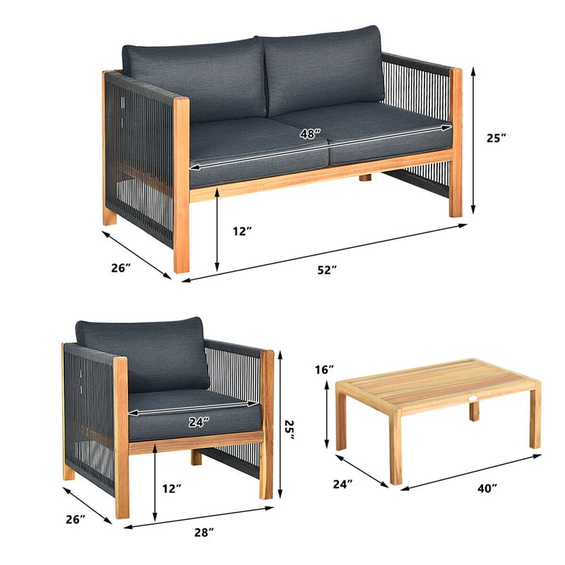 4 Piece Wood Patio Conversation Set Acacia Frame Outdoor Loveseat Sofa Set with Coffee Table & Cushions