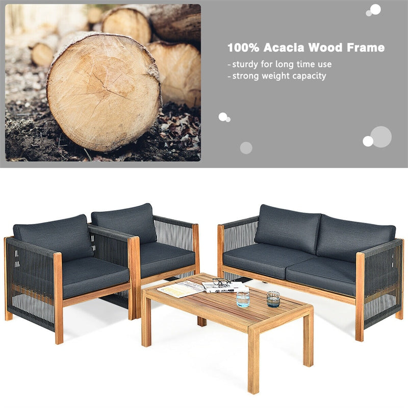 4 Piece Wood Patio Conversation Set Acacia Frame Outdoor Loveseat Sofa Set with Coffee Table & Cushions