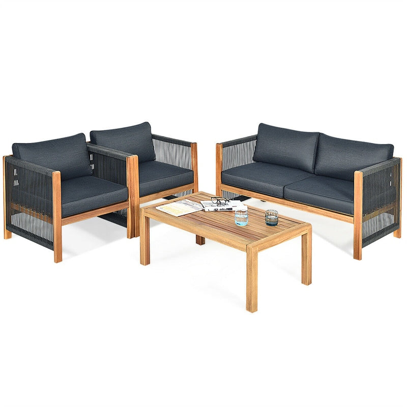 4 Piece Wood Patio Conversation Set Acacia Frame Outdoor Loveseat Sofa Set with Coffee Table & Cushions