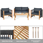 4 Piece Wood Patio Conversation Set Acacia Frame Outdoor Loveseat Sofa Set with Coffee Table & Cushions