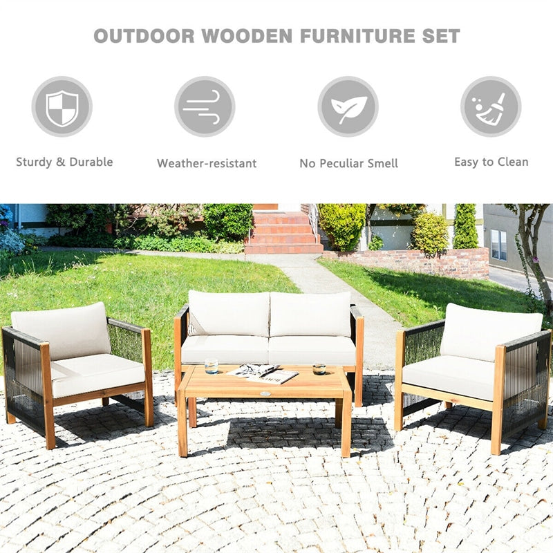 4 Piece Wood Patio Conversation Set Acacia Frame Outdoor Loveseat Sofa Set with Coffee Table & Cushions