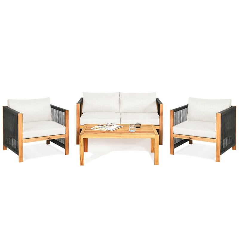 4 Piece Wood Patio Conversation Set Acacia Frame Outdoor Loveseat Sofa Set with Coffee Table & Cushions