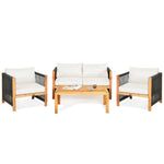 4 Piece Wood Patio Conversation Set Acacia Frame Outdoor Loveseat Sofa Set with Coffee Table & Cushions