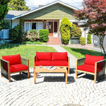 4 Piece Wood Patio Conversation Set Acacia Frame Outdoor Loveseat Sofa Set with Coffee Table & Cushions