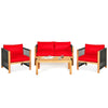 4 Piece Wood Patio Conversation Set Acacia Frame Outdoor Loveseat Sofa Set with Coffee Table & Cushions