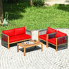 4 Piece Wood Patio Conversation Set Acacia Frame Outdoor Loveseat Sofa Set with Coffee Table & Cushions