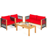 4 Piece Wood Patio Conversation Set Acacia Frame Outdoor Loveseat Sofa Set with Coffee Table & Cushions