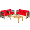 4 Piece Wood Patio Conversation Set Acacia Frame Outdoor Loveseat Sofa Set with Coffee Table & Cushions